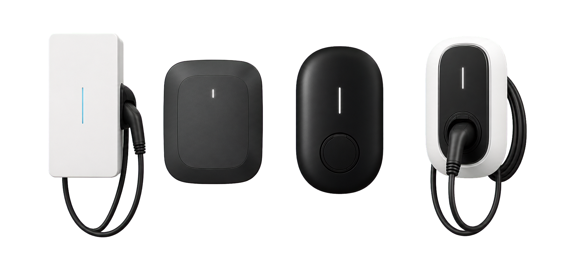 Quatre modèles de bornes de recharge alignés